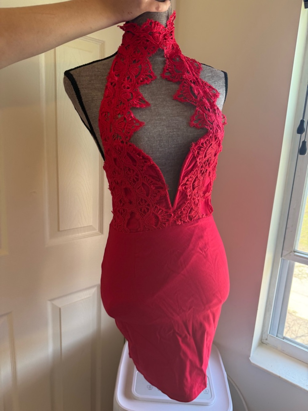 Luxxel Red Lace Halter Mini Dress with Plunge Neckline